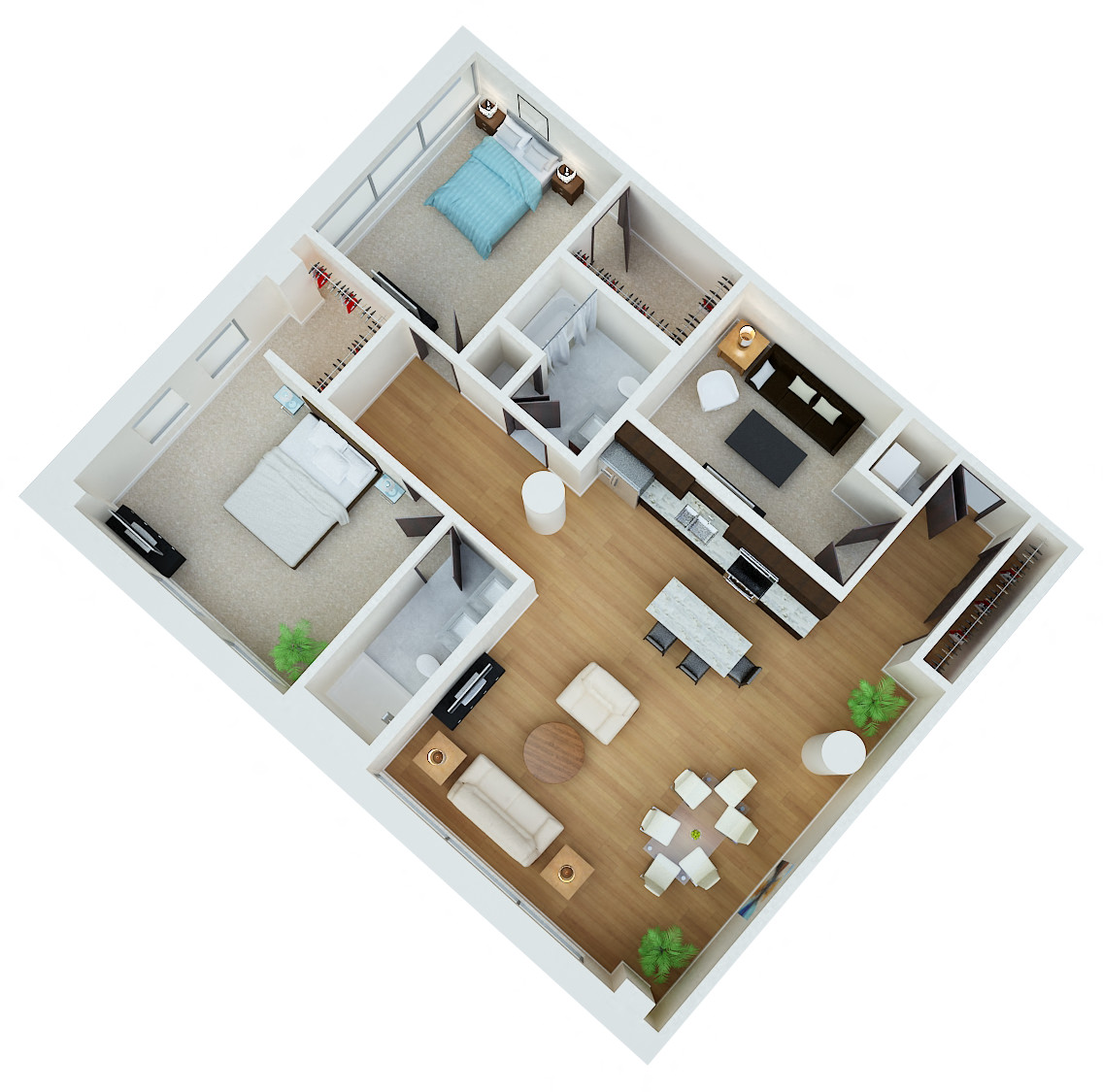 Floor plan for 2 beds, 2 baths, 1728 sqft